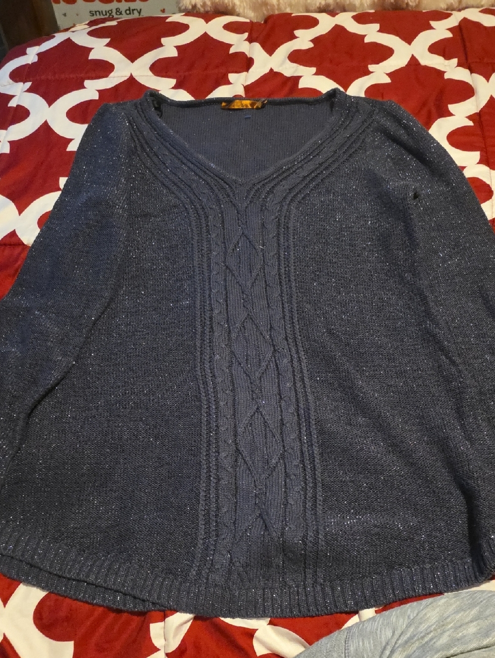 Belldini Navy Metallic Cable-Front V-Neck Sweater